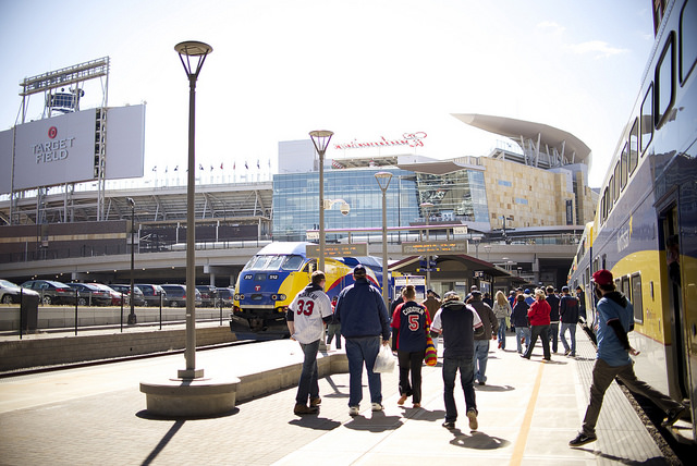 Twins fans head toward Target Field after arriving on the Northstar Commuter Rail Line. Twins fans head toward Target Field after arriving on the Northstar Commuter Rail Line.