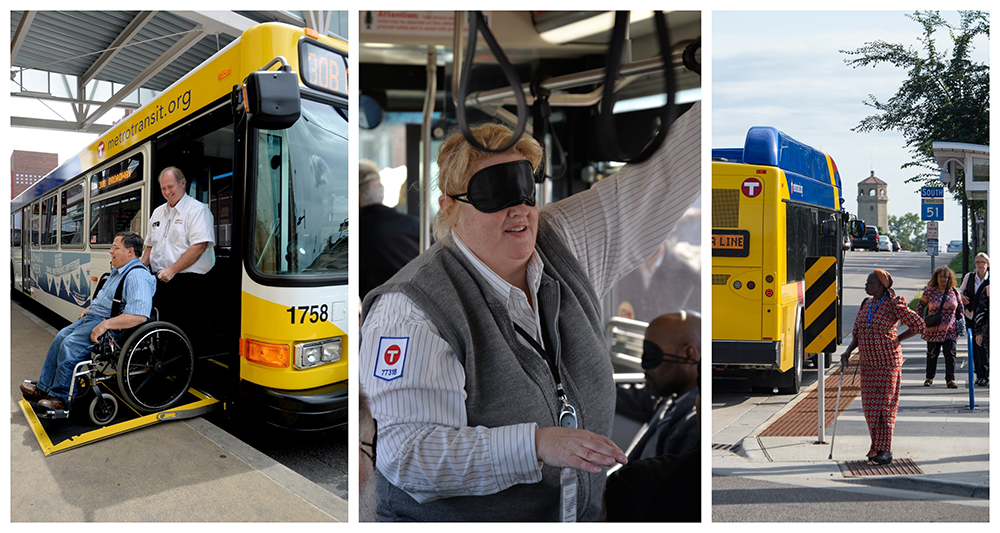 A rider in a wheelchair exits the bus; an operator experiences what it's like to ride without being able to see; curb cuts improve access to bus stops. A rider in a wheelchair exits the bus; an operator experiences what it's like to ride without being able to see; curb cuts improve access to bus stops.