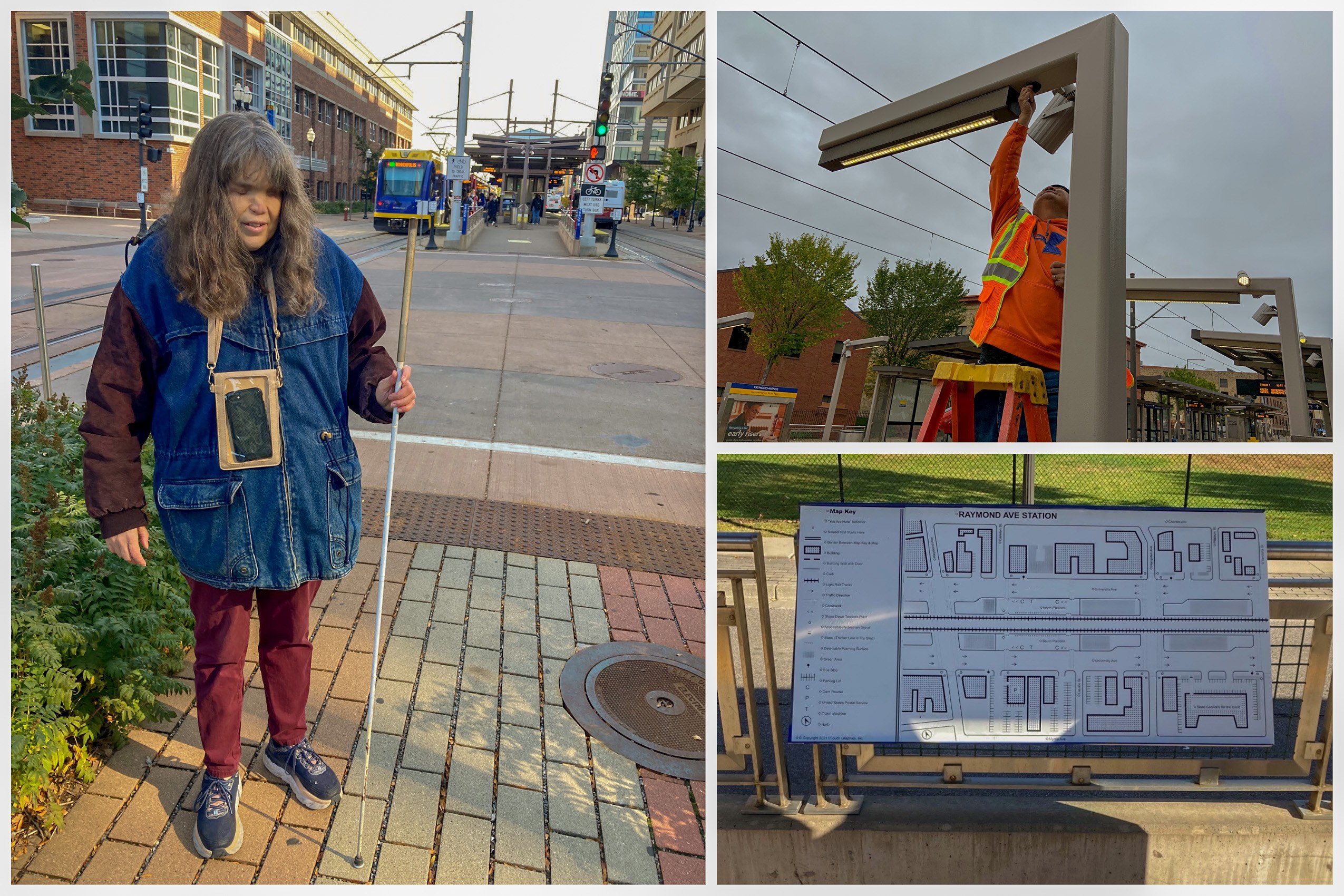 Sheila Enerson at a light rail station using the Aira app, beacons being installed at the Raymond Avenue Station and a tactile map at the Raymond Avenue Station. Sheila Enerson at a light rail station using the Aira app, beacons being installed at the Raymond Avenue Station and a tactile map at the Raymond Avenue Station.