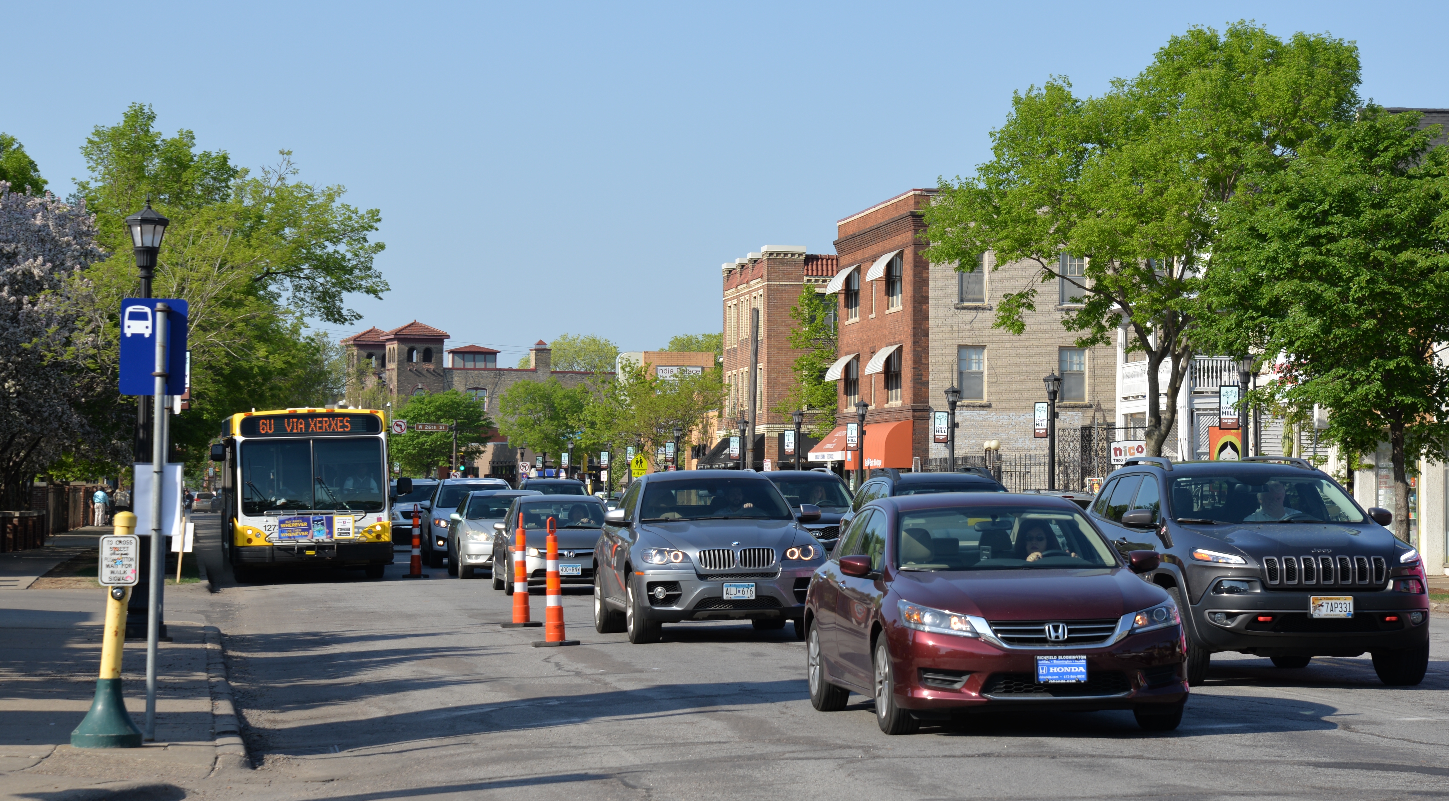 A southbound Route 6 bus rolled past traffic during the morning rush hour on Wednesday, May 16. Bus-only lanes were created on sections of southbound and northbound Hennepin Avenue for three days to test their impact on travel times, reliability and traffic. A southbound Route 6 bus rolled past traffic during the morning rush hour on Wednesday, May 16. Bus-only lanes were created on sections of southbound and northbound Hennepin Avenue for three days to test their impact on travel times, reliability and traffic.