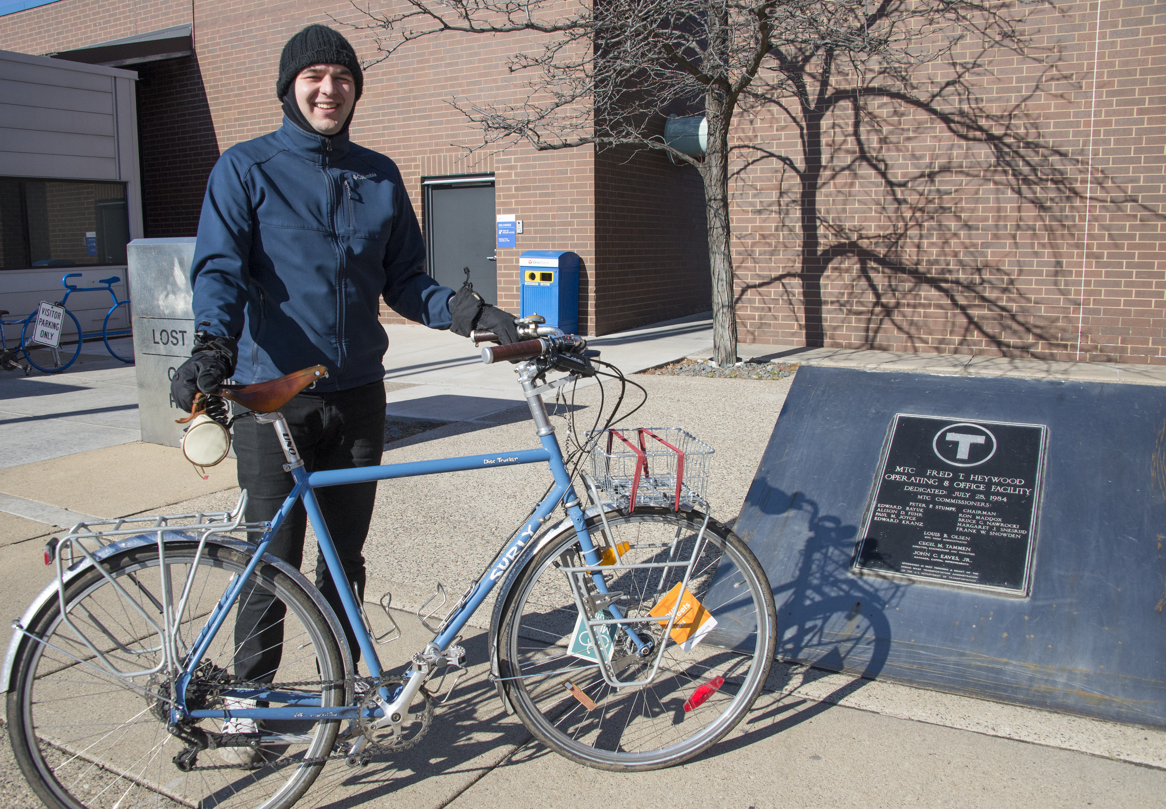 Jared Fette, Transit Information Center Representative, with his bike at the Heywood Office building in Minneapolis. Jared Fette, Transit Information Center Representative, with his bike at the Heywood Office building in Minneapolis.
