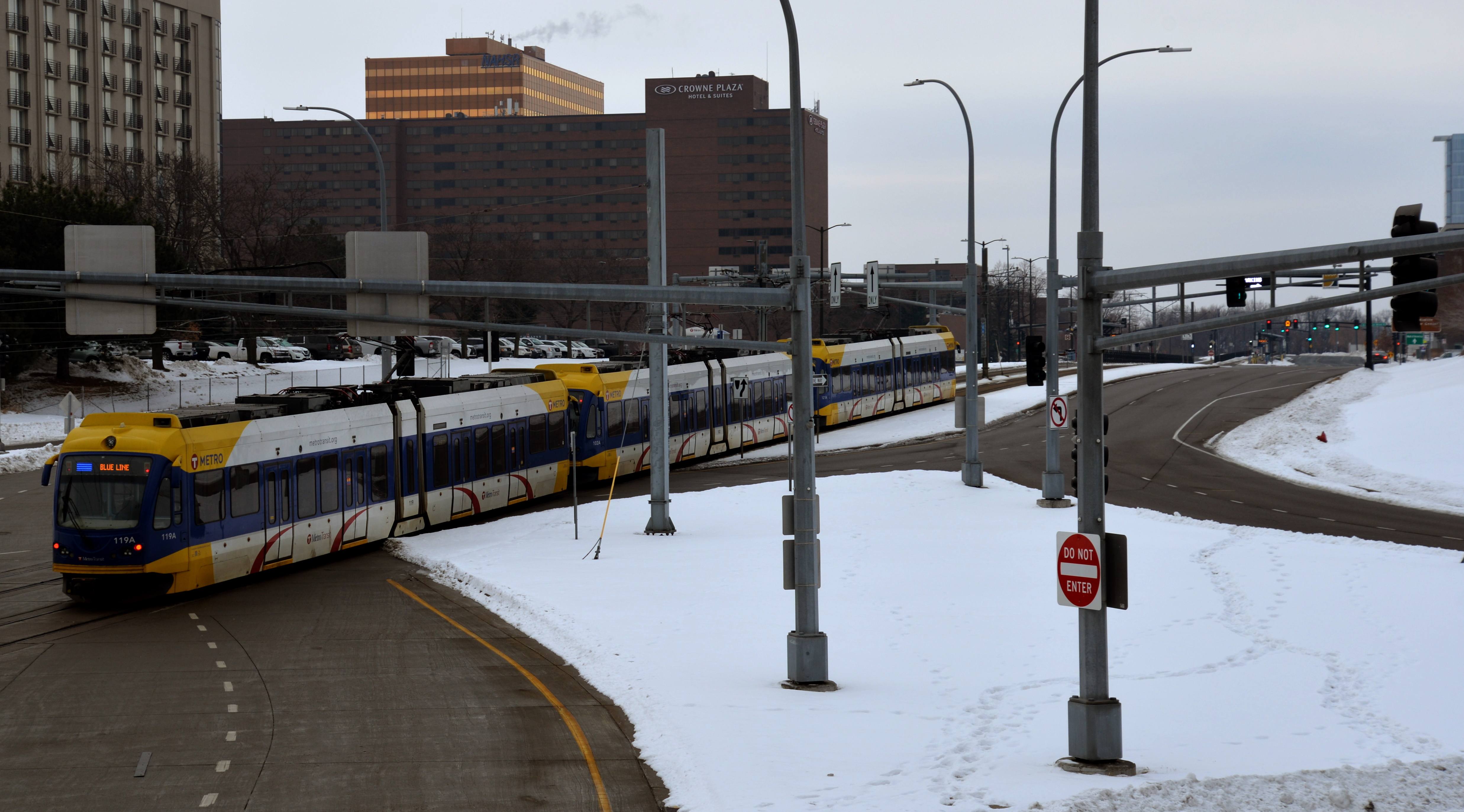 A Blue Line train travels southbound in Bloomington. A Blue Line train travels southbound in Bloomington.