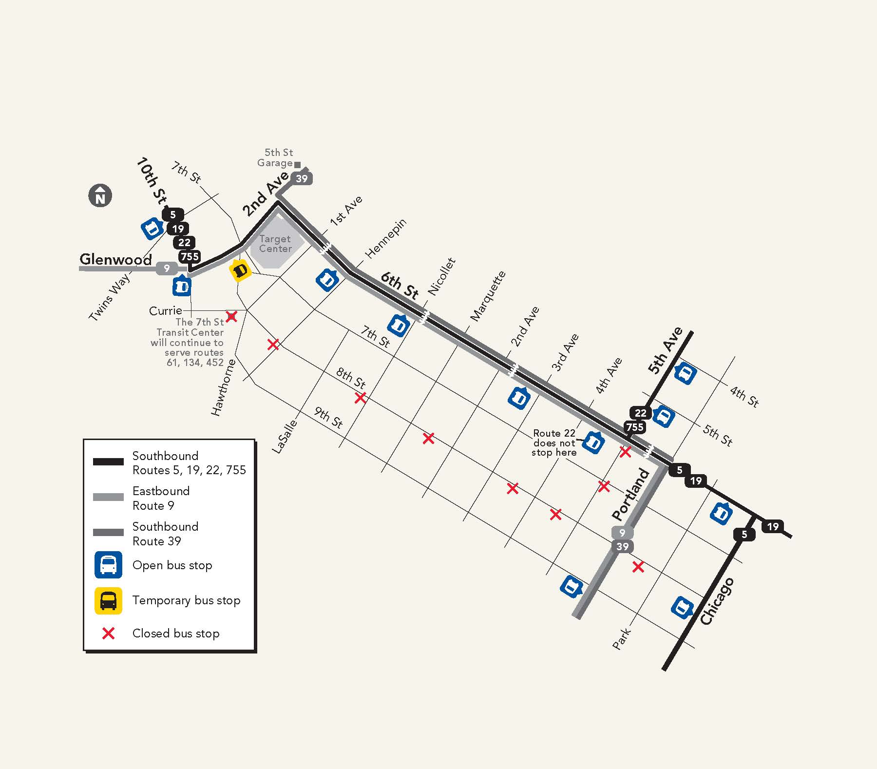 Map of the 8th Street bus stops that will close beginning March 9, and where buses will stop on 6th Street.