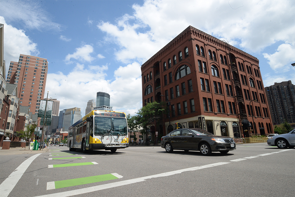 A Route 4 bus on Hennepin Avenue in downtown Minneapolis. A Route 4 bus on Hennepin Avenue in downtown Minneapolis.