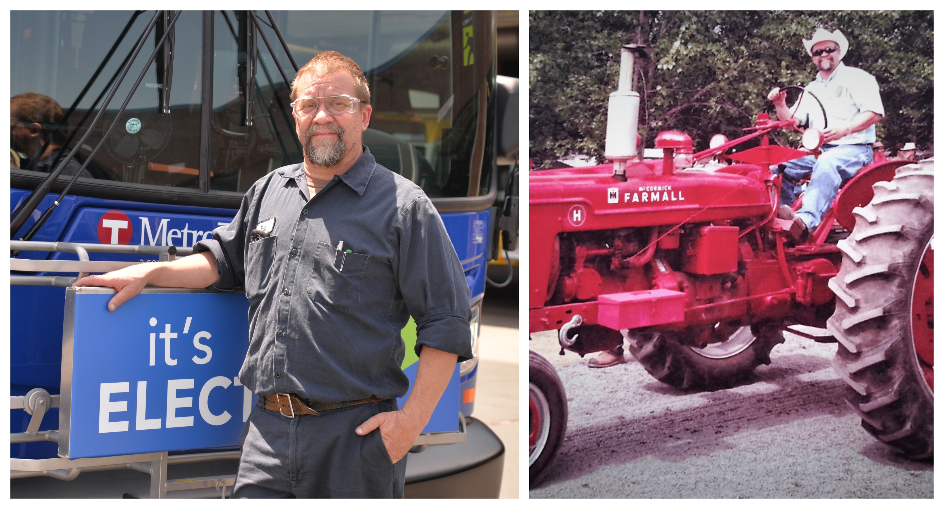 Mechanic Technician Dan Aasen with a Metro Transit electric bus. Mechanic Technician Dan Aasen with a Metro Transit electric bus.