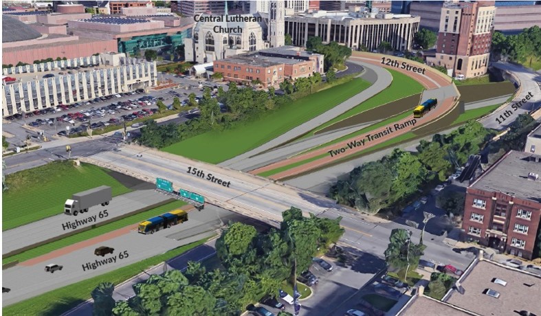 A transit-only access ramp will allow buses to avoid congestion entering and exiting downtown Minneapolis as they travel to or from Interstate 35W. A transit-only access ramp will allow buses to avoid congestion entering and exiting downtown Minneapolis as they travel to or from Interstate 35W.