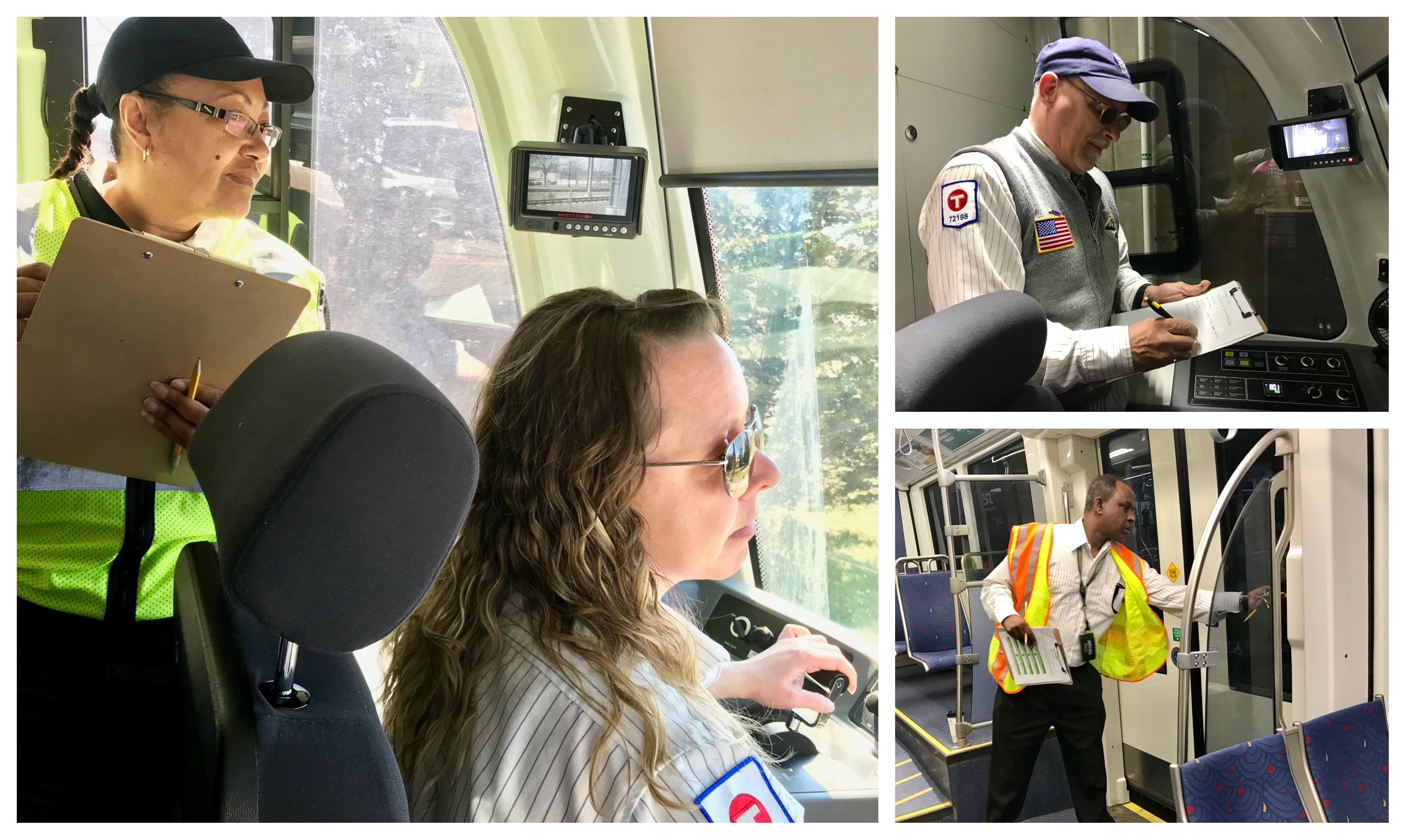 Rail Supervisor Connie Skinner (top left) scores Train Operator Sarah Gibson during Metro Transit's 2019 Rail Rodeo. Train Operators Joe Bretto (top right) and Mose Mahir (bottom right) perform pre-trip inspections during the contest.
