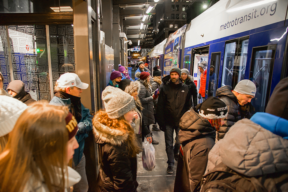 Customers board a Metro Transit light rail vehicle at the Nicollet Mall Station in 2018. Customers board a Metro Transit light rail vehicle at the Nicollet Mall Station in 2018.