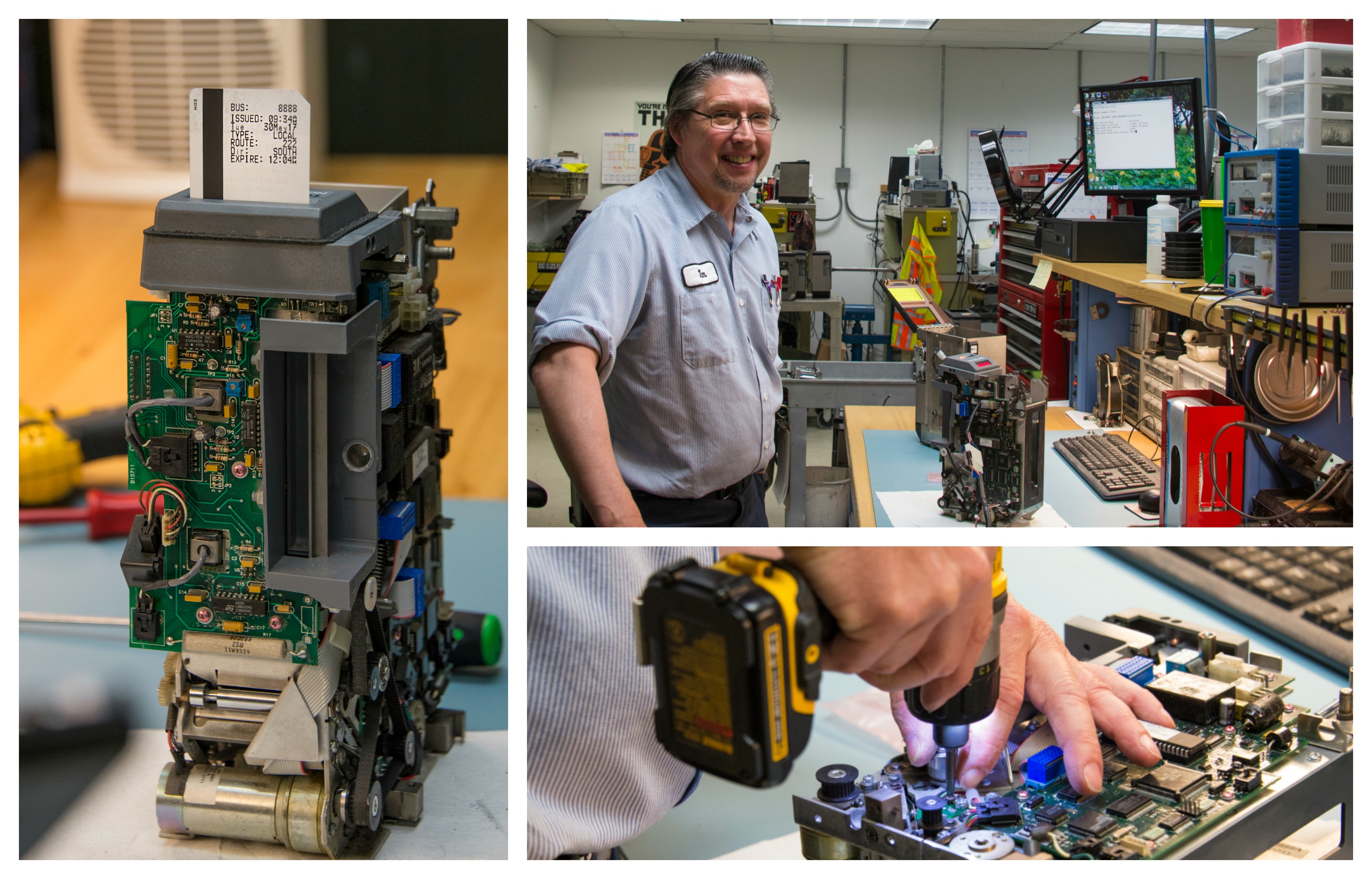 Lead Revenue Mechanic Technician Tim Maloy has spent the past 20 years repairing and maintaining fareboxes, a job he says continues to pose new challenges every day. To improve reliability, Maloy has been on a campaign to replace the metal pieces that hold transfer cards so they are less prone to jam. Lead Revenue Mechanic Technician Tim Maloy has spent the past 20 years repairing and maintaining fareboxes, a job he says continues to pose new challenges every day. To improve reliability, Maloy has been on a campaign to replace the metal pieces that hold transfer cards so they are less prone to jam.