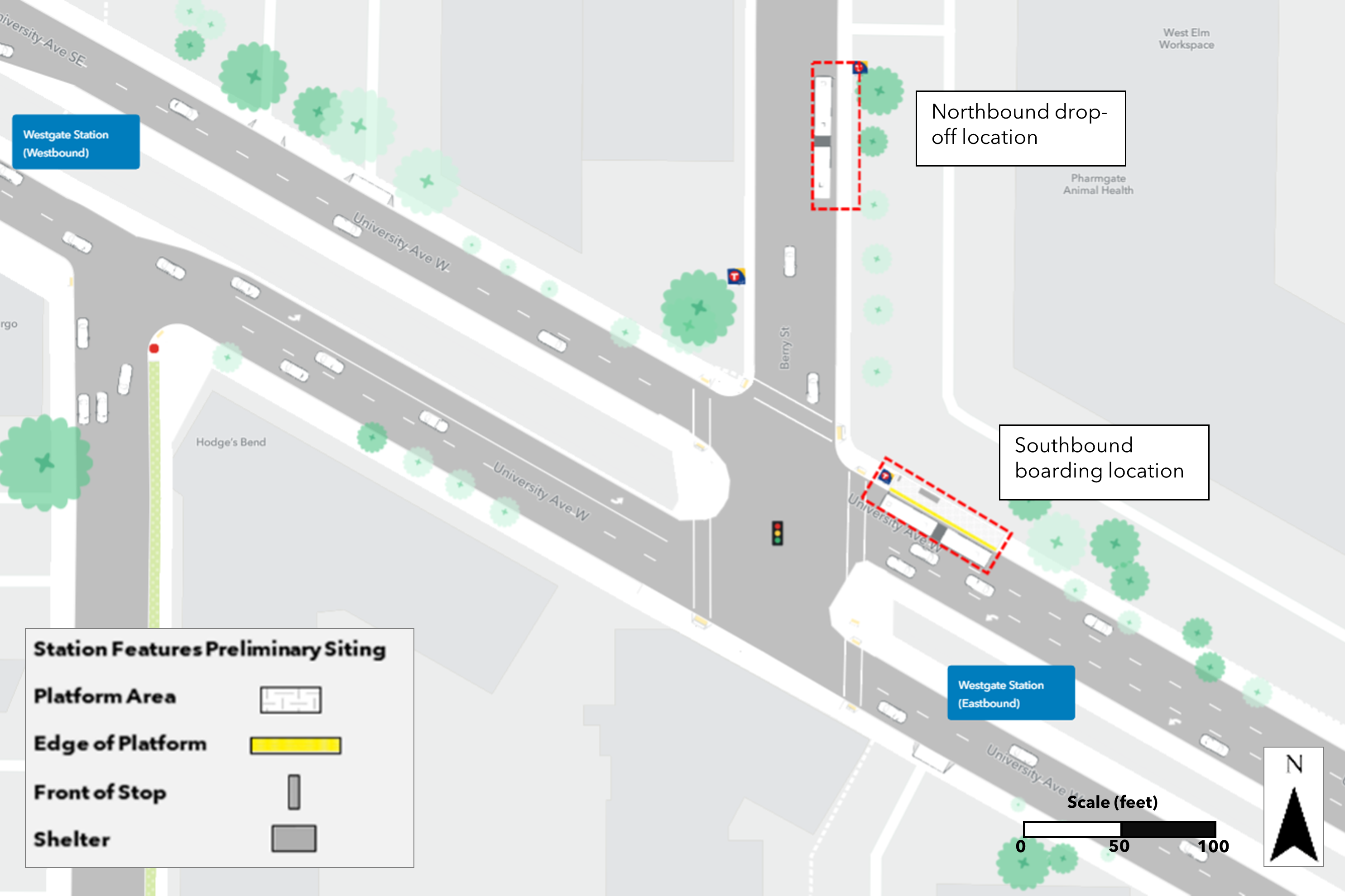 Proposed University & Berry Station plan. Northbound curbside platform proposed on Berry Street farside of University Avenue. Southbound curbside platform proposed nearside of Berry Street.