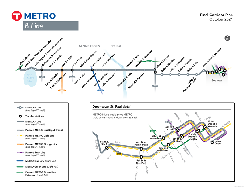B Line map image showing route from West Lake Station to downtown St. Paul via Lake, Marshall, and Selby