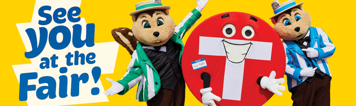 State Fair mascots hang with Skip, MT's mascot.